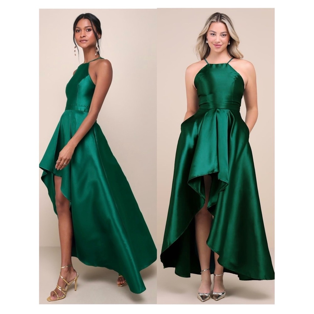 LULUS Emerald Green Taffeta Halter Square Neck Princesscore Formal Ball Gown S